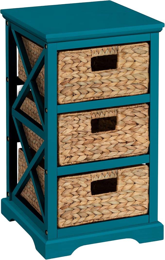 eHemco Hampton Meadows 3 Tier X-Side End Storage Cabinet with 3 Wicker Baskets, Teal