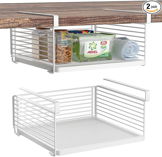 Under Shelf Storage Basket, Hanging Wire Basket with 1.13 Inches Thick Clips for Kitchen, Pantry or Laundry Room, Under Cabinet or Desk Storage Organizer, White, 13.75" L-Mesh Bottom, 2 Pack