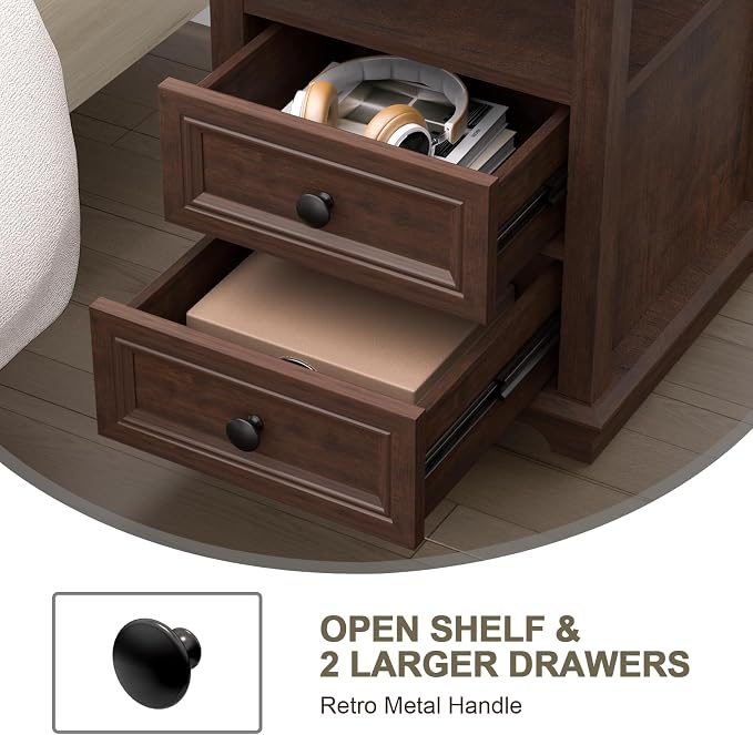 REDAYFUR 18" Wide End Table with Fast Charging Station Set of 2, 18” Wide Sofa Side Table with Drawers,End Table with Drawers for Living Room,Cherry