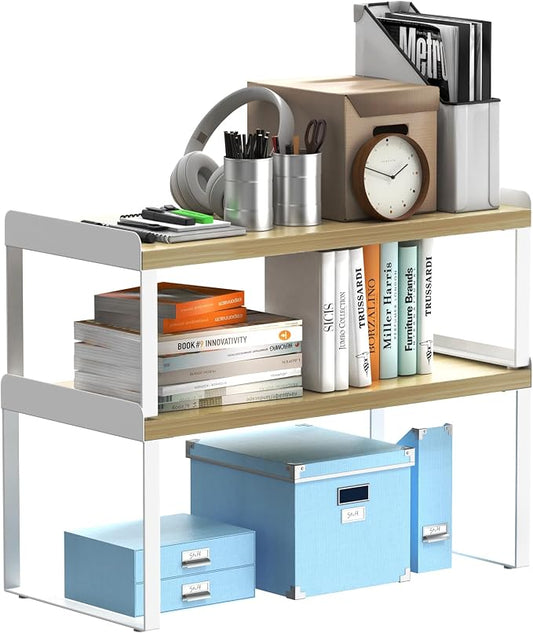 2 Sets Desk Shelves for Top of Desk, 2 Tier Independent Stackable Desktop Shelves, Desktop Organizer Shelf, Adjustable Bookshelf,Metal and Engineered Wood, (White+mapple)