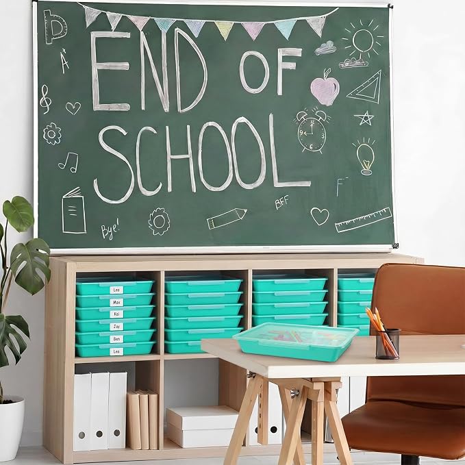 Tinlade 12 Pcs Classroom Paper Storage Bins with Clear Latching Lid, Label Stackable Letter Size Flat Tray Container for Teacher Back to School Supplies Home Office Desk Arts Crafts (Teal,13x10in)