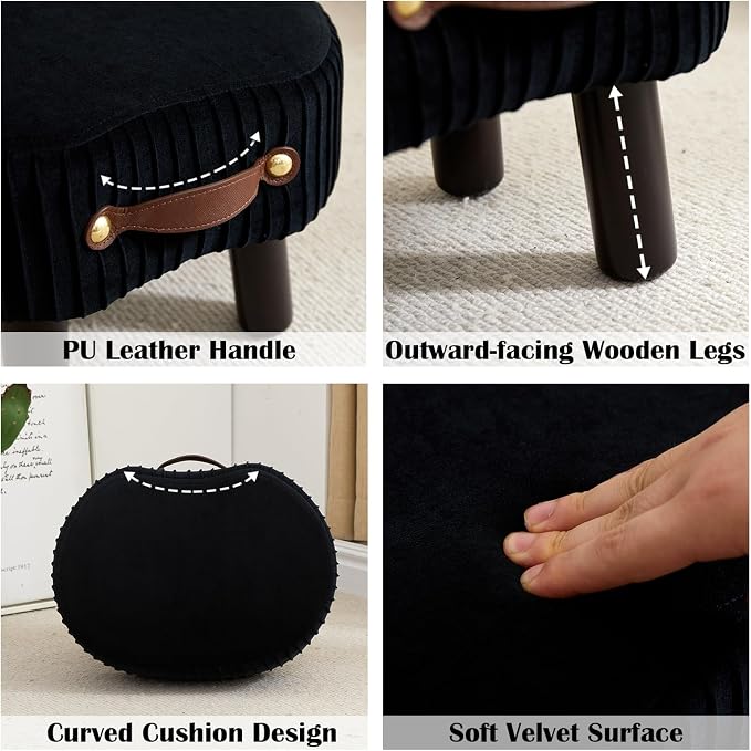 Foot Stools Ottoman with Handle Small Foot Stool Footrest Ottomon | Velvet Footstool Ottoman with Padded Seat, Curved Foot Rest Stool with Wooden Legs for Living Room, Entrywa（Black）