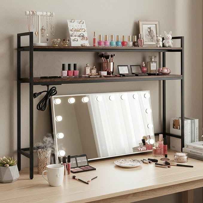 38.5" Desk Shelf with Outlets, 2-Tier Adjustable Multipurpose Engineered Wood Organizer Desk Hutch, Office Storage Rack, Desktop Shelf Organizer for Dorm,Office Home (Brown)