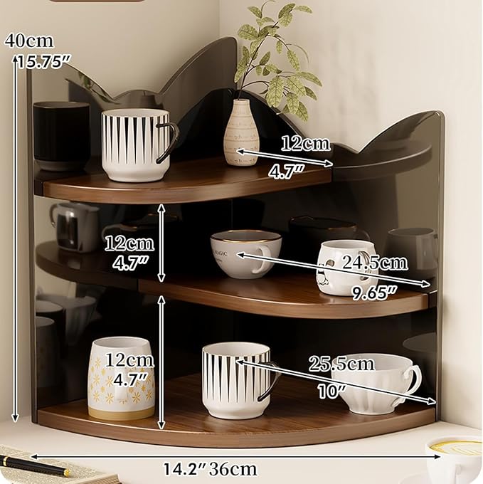 3-Tier Corner Desk Shelf, Solid Wood Desktop Organizer, Vintage Brown Corner Storage Table, Space Saving Freestanding Shelf for Bedroom, Home Office, Kitchen, Bathroom (Black,Cat)