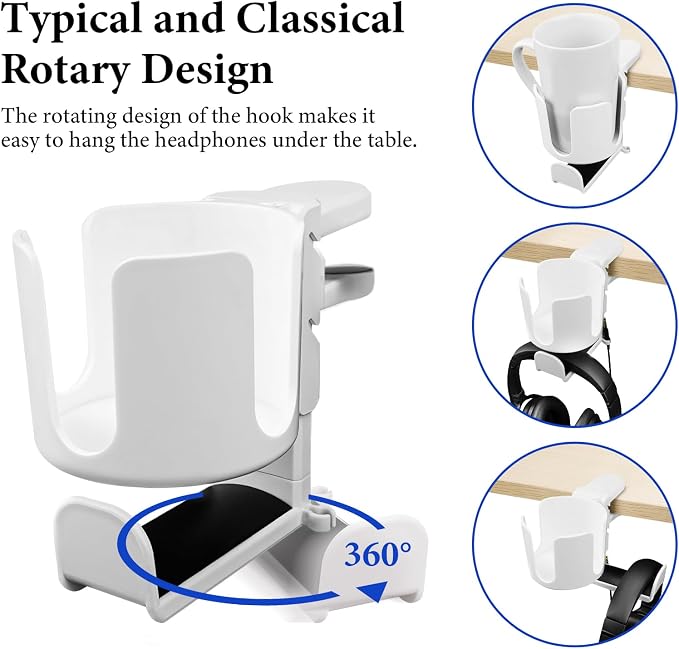 Geekria 2 in 1 Headphone Hanger&Desk Cup Holder, Under Desk Clamp Rotatable Headset Compatible with Sennheiser, Bose, Beats, Razer, HyperX, Sony, Suitable for Coffee Mugs, Water Cups (White)