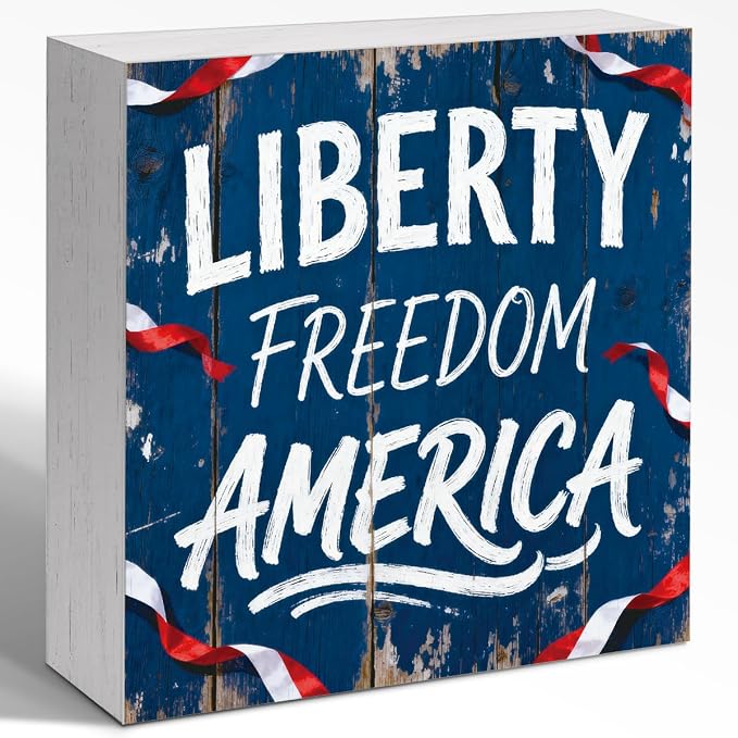 Patriotic Wooden Box Sign,Liberty Freedom America 4th Of July Signs Home Decor,Independence Memorial Day Block Sign for Desk Shelf Tabletop Decor