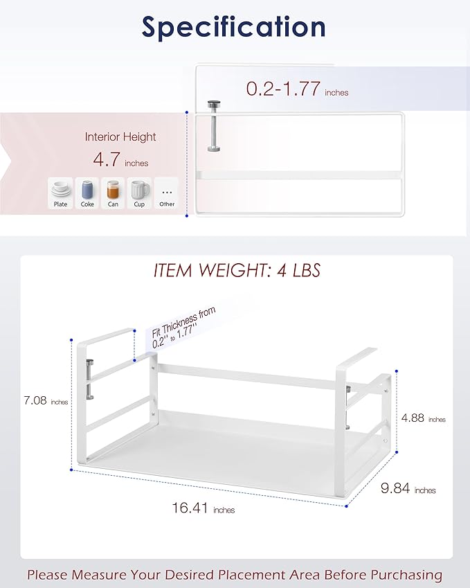 Nxconsu Under Shelf Basket Storage Organizer 2 Pack, Large 16.1" White | Heavy-Duty Metal Under Shelf Basket Holds 30 lbs, No-Drill Knob-Lock Storage Organizer for Kitchen Cabinet Pantry Cupboard