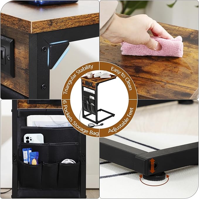AMHANCIBLE C Shaped End Table with Charging Station, TV Tray Couch Tables with Storage Bag, Slide Under Sofa Side Side Table with USB Ports and Outlets for Living Room, Rustic Brown, HET04CBR-1