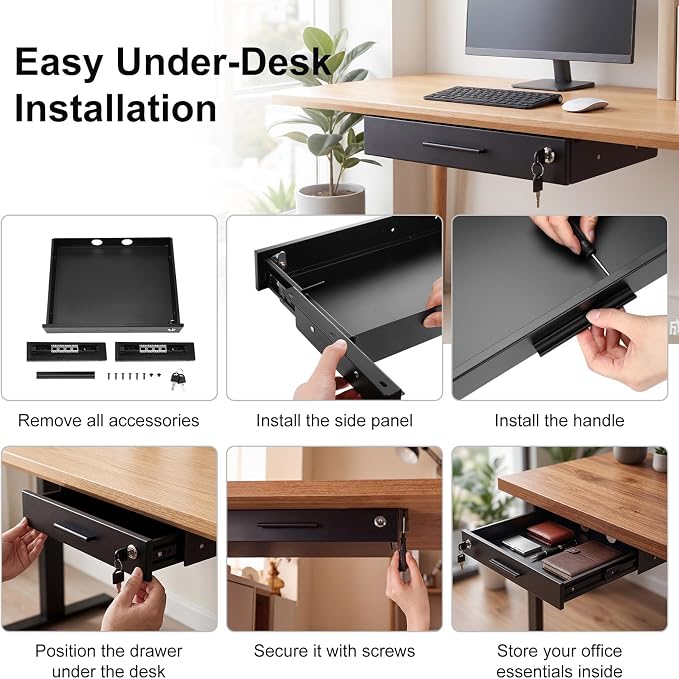 Menkxi 16'' x 12'' Under Desk Drawer Slide Out Storage Organizer, Lockable Metal Desk Drawer for Laptop and Office Accessories, Large Hidden Under Table Storage Box with Cable Management, Black
