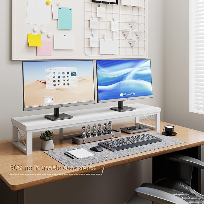 IBUYKE Large Dual Monitor Stand Riser for 2 Monitors, Wooden Desktop Computer Monitor Stand Storage Shelf and Steel Legs,Dual Screen Office Desk,Monitor Riser for Computer, Printer,Laptop,TV,White UTDJ002W