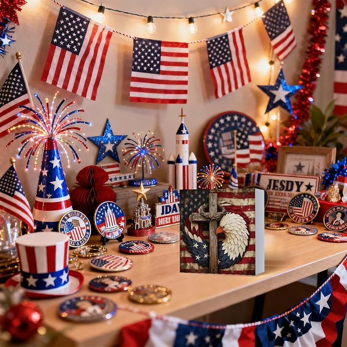 Patriotic Wooden Box Sign,Eagle Cross 4th Of July Signs Home Decor,Independence Memorial Day Block Sign for Desk Shelf Tabletop Decor