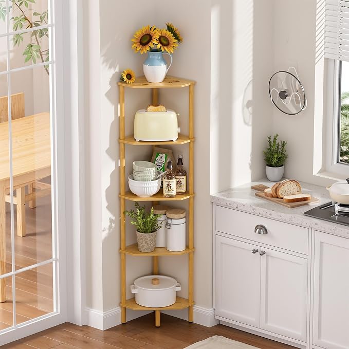 Corner Shelf, 5 Tier Bamboo Corner Bookshelf, 54" Tall Narrow Bookcase, Plant Stand, Corner Display Rack, Shower Caddy, Display Standing Shelf Organizer for Bedroom, Living Room, Kitchen, Home Office