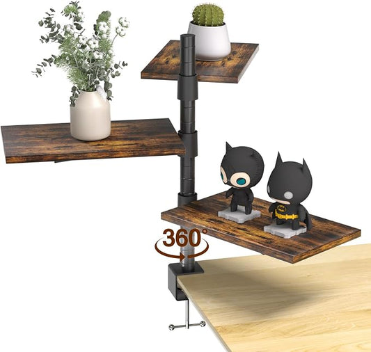 3 Tier Clamp On Desk Shelf - Over Or Under Table Clamp Shelf,360° Rotatable Desk Storage for Home Office, Gaming Devices,Storage Tray,and More, Rustic Vintage Brown Desktop Shelves
