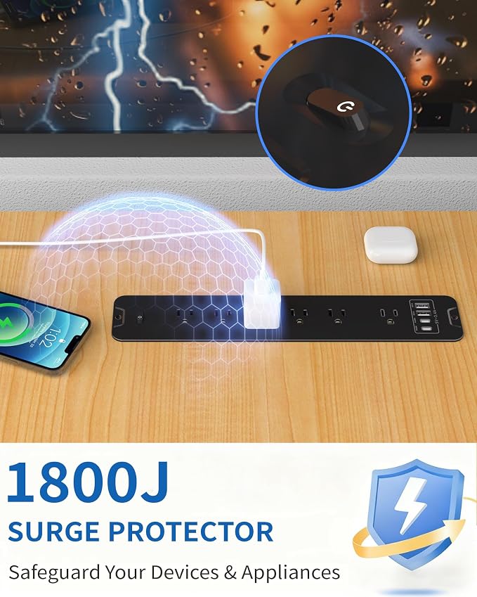 Recessed Power Strip, Flush Mount Power Strip with USB Ports, PD 20W USB C Fast Charging, 6 FT Extension Cord Surge Protector with1800J, Furniture Hidden Outlet for Side Table, End Table