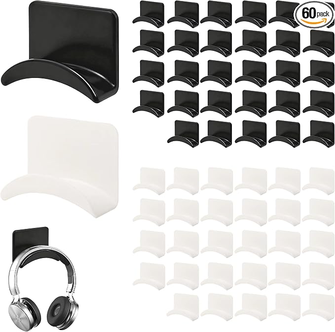60 Pcs Headphone Wall Hangers Adhesive Gaming Headset Holder Hooks for Wall Mount Strong Universal Stand Hooks for Most Headphone Controller,Game Pads,Hat,Baseball Caps,Closet,Under Desk（Black+White）