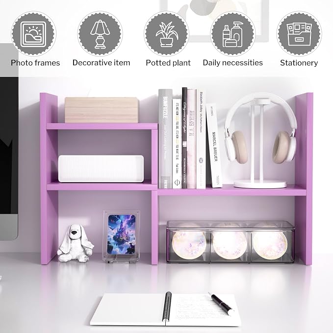 Jerry & Maggie Desktop Organizer Office Storage Rack Adjustable Wood Display Shelf Birthday Gifts Toy Home Decor Free Style Rotation Display True Natural Stand Shelf (Violet/2 Pack)