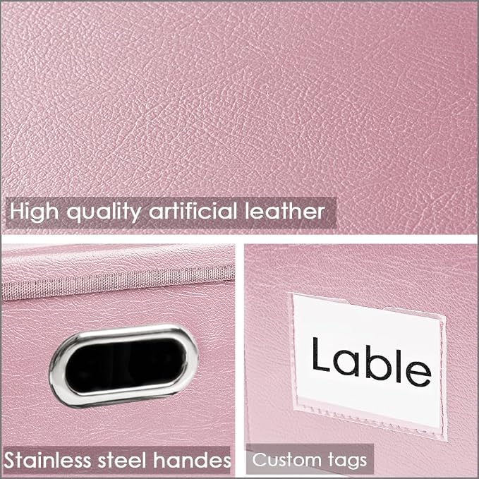PRANDOM Collapsible Storage Box with Lid [1-Pack] Leather Fabric Foldable Storage Bin Organizer Container Basket Cube with Cover for Home Bedroom Closet Office Nursery Pink (13.6x9.6x6.9)