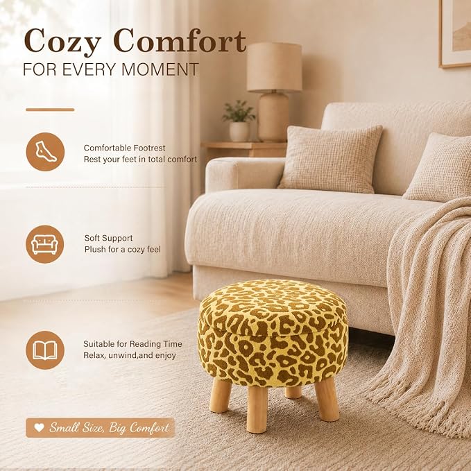 Wimarsbon Storage Ottoman, Modern Round Footrest with Soft Padded Seat, Pattern Velvet Footstool with Wood Legs, Accent Small Table or Plant Stand for Hallway, Living Room (Yellow)