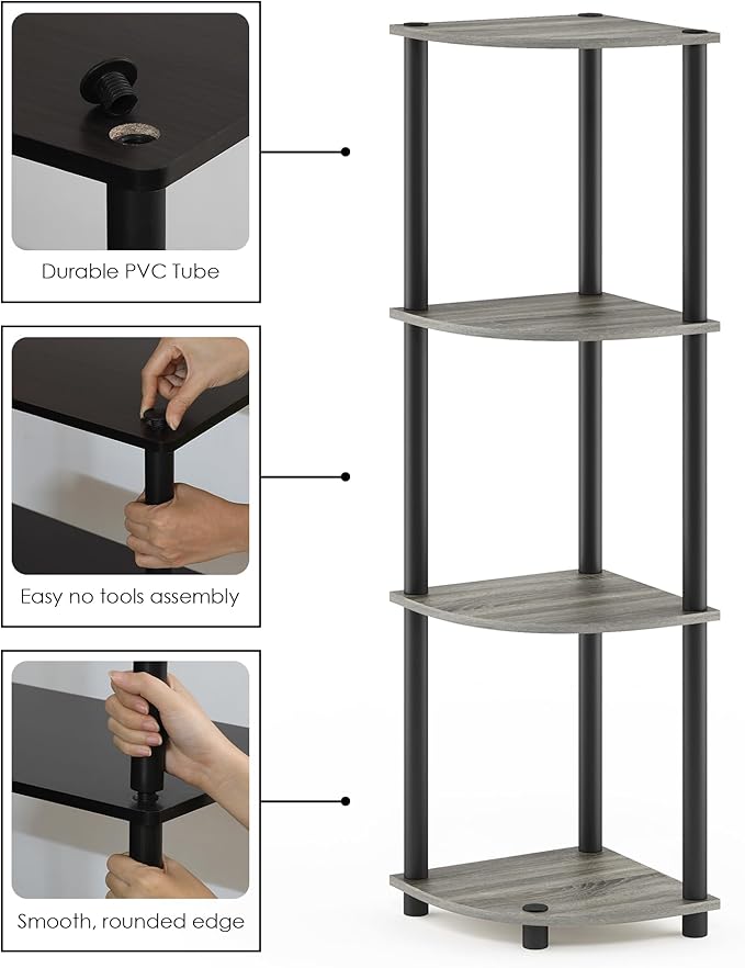Furinno Turn-N-Tube Toolless Assembly 4-Tier Corner Shelf, Grey Corner Book Shelf, Open Shelves Bookshelf, for Organization and Storage, Living Room, Home Office, Bedroom, Grey Oak