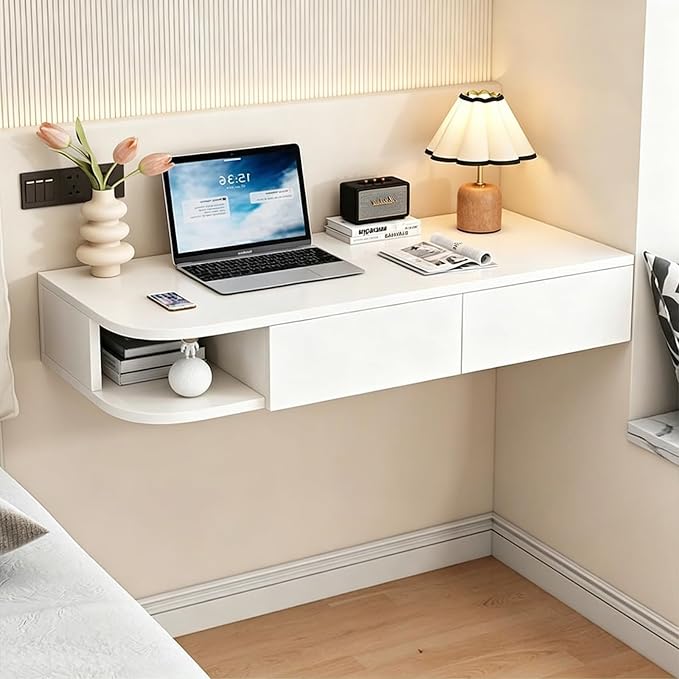 Corner Floating Desk with Drawer, Wall Mounted Desk with Open Shelving, Floating Makeup Vanity with Storage, Scratch-Resistant, Space Saving, for Bedroom Living Room Small Spaces Apartment