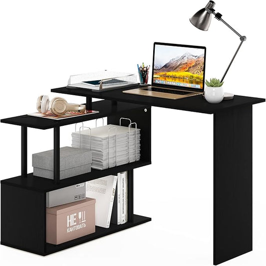 Furinno Moore L-Shape Computer Desk with 3-Tier Shelves, Americano