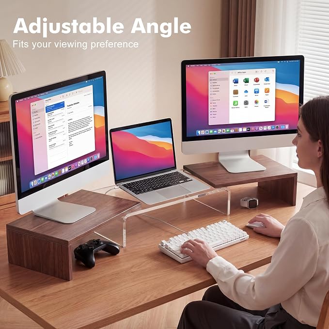 High-Clarity Dual Monitor Riser, Desk Organizer for Computer Monitor, Acrylic Monitor Riser with Keyboard Storage, Adjustable Angle & Length Computer Monitor Stand Walnut Look