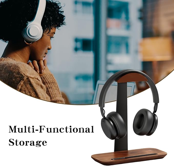 Walnut Wood Headphone Stand,Headphone Rack with Storage Base Plate,Headphones Holder for Study Rooms,Gaming Spaces,Desktop,Office
