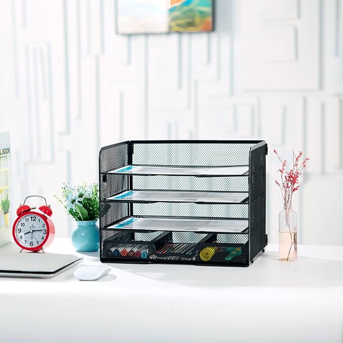 SETTFRFE 4 Tier Mesh Paper Letter Tray,Desk File Organizer with A Sliding Drawer,Office Supplies Desk Organizer for Home Office,Black.