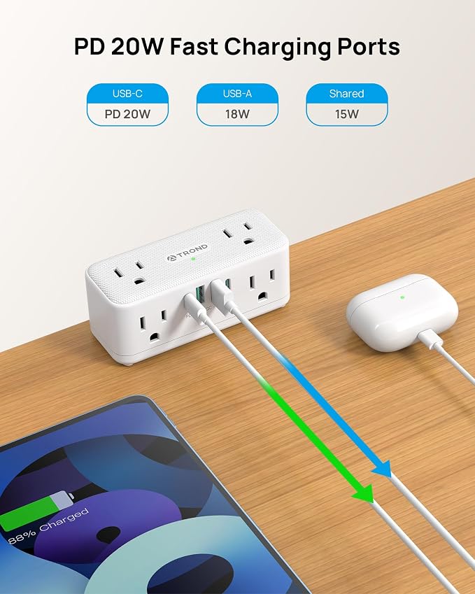 TROND Small Footprint Desk Clamp Power Strip USB C PD 20W, Flat Plug Extension Cord 10ft, 3 Sided 6 Outlets, 4 USB, 900J Surge Protection, Fit 2.16" Tabletop Edge, Home Office Desk Accessories, White