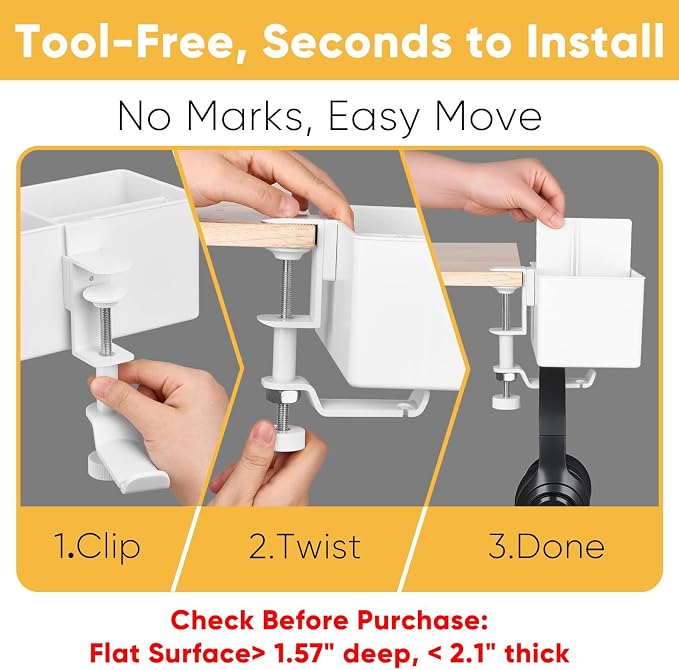 4-in-1 Clip On Desk Cup Holder, Fits up to 40oz cups - Mountable Holder with Adjustable Divider & 360° Rotating Hook - No Spill Clamp On Drink Holder Attachment - for Desk Chair Table Bed Tray - White