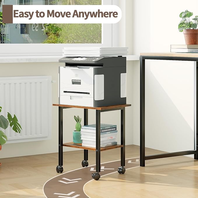 2 Tier Printer Stand with Storage, Under Desk Printer Table, Space-Saving Printer Table with Locking Wheels, Rolling Printer Cart for Home Office, Rustic Brown