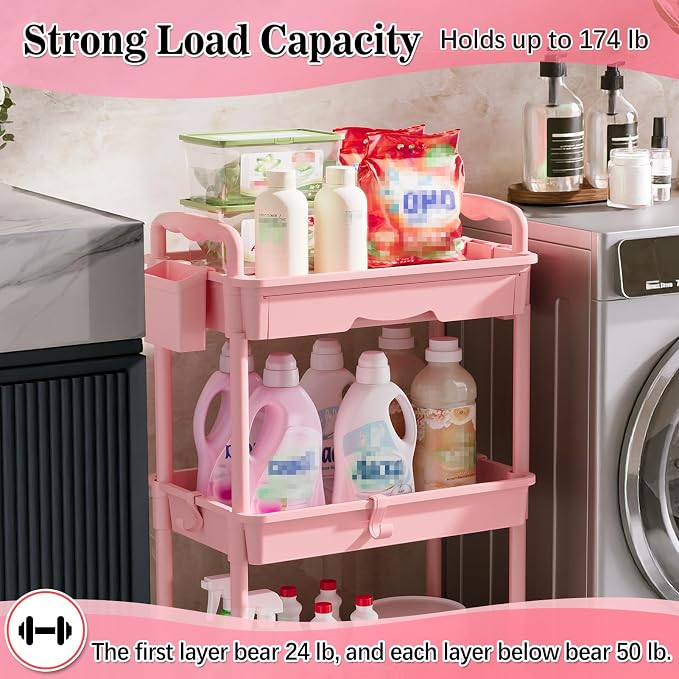 SUNALLY 3 Tier Rolling Cart with Drawer, Bathroom Storage Organizer with 2 Lockable Wheels, Multifunctional Rolling Storage Cart for Bathroom, Kitchen, Office, Craft, Makeup, Baby Essentials, Pink