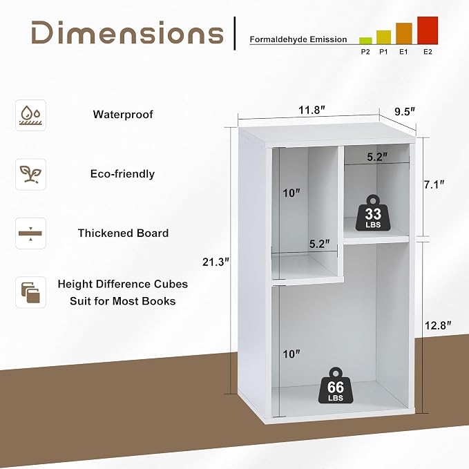 VECELO 11.8" Open Bookshelf, Waterproof Particle Board Asymmetrical Split Cubby Storage Organizer, White Uneven Compartment Display Cube for Tall Books, Bedroom Dorm Office