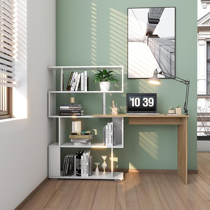 Mondeer 41.7" L Shaped Desk with 4-Tier Storage Shelves, Computer Corner Desk for Study Home Office Living Room (Oak and White)