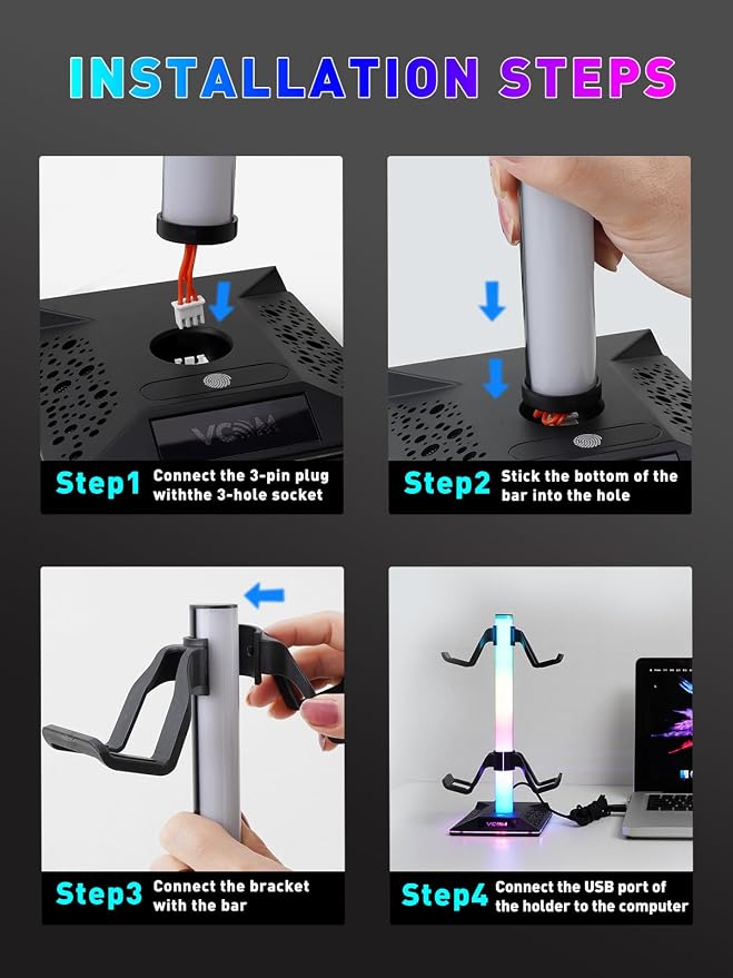 V VCOM RGB Gaming Headphones Stand with 2 USB Ports Headset Stand with 10 Light Modes and Non-Slip Rubber, Suitable for All Earphone Accessories, Best Gift for Husband, Kids, Boyfriend