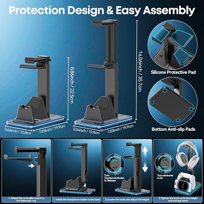 Gaming Headset & Controller Stand, Rotating Headphone Storage with 2 Controllers & Phone Holder, 9 RGB Modes Game Desk Storage for PS5/PS4/XBOX PC Gamer Essentials Organizer Gift Accessories