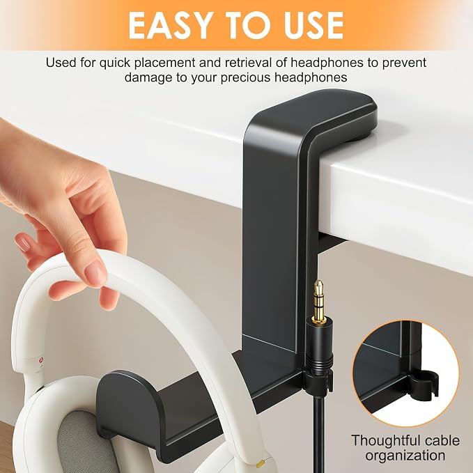 Rotating Headphone Stand, No-Drill 360° Rotating PC Gaming Headset & Controller Holder, Under Desk Hanger with 360 Degree Swivel & Cable Clip Organizer
