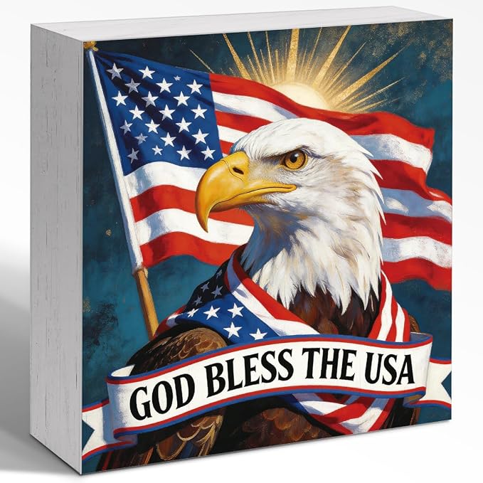 Patriotic Wooden Box Sign,God Bless The USA 4th Of July Signs Home Decor,Independence Memorial Day Block Sign for Desk Shelf Tabletop Decor