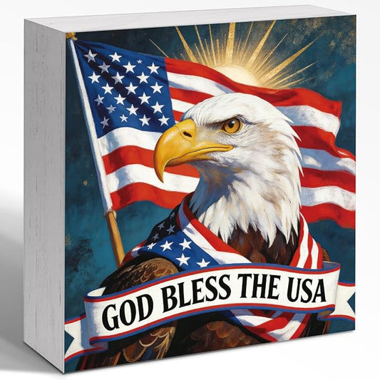Patriotic Wooden Box Sign,God Bless The USA 4th Of July Signs Home Decor,Independence Memorial Day Block Sign for Desk Shelf Tabletop Decor