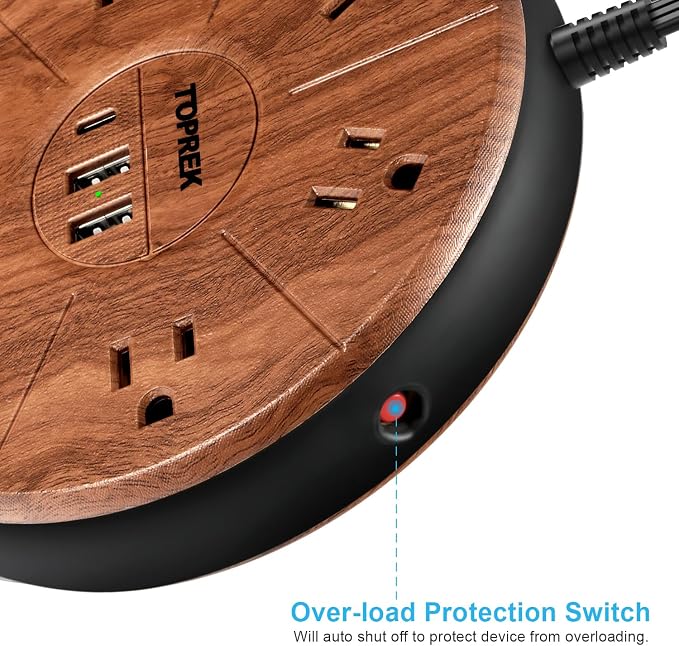 Power Strip with USB - 6 Outlets, 1 USB-C (20W PD), 2 USB-A - Wood Finish Power Strip Surge Protector, 6.5 ft Flat Extension Cord for Home Office, Dorm Desk