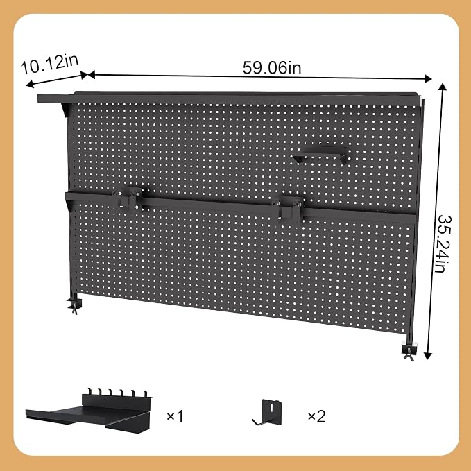 Clamp-On Metal Desk Pegboard with Dual Monitor Stand–No Drilling Needed! 59x35 Inch Steel Privacy Panel with Hooks & Movable Partition, Peg Board Wall Organizer for Gaming & Office