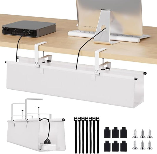Under Desk Cable Management Tray - 28" Cord Organizer for Desk No Drill, Fabric Under Table Wire Organizer with 16X Cable Ties Hide for Office/Home, Cord Hider Fits Adapters & Sockets, White