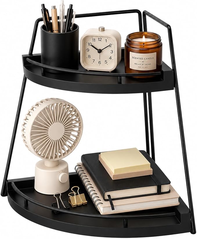 2-Tier Triangle Corner Desk Organizer, Black Wood Base and Iron Storage Shelf, 9.6 x 9.6 x 12.2 in, Easy Assembly Corner Counter Shelf for Kitchen Countertop, Bathroom Vanity, Office Rack