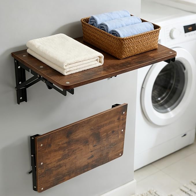 Wooden Folding Shelf Wall Mounted for Small Space, Wall Table for Living Room Bedroom Decor, Home Office Floating Fold Down Desk, Media Shelves with Heavy-Duty Brackets Holds Up to 30lbs, 21.6"*11.8"