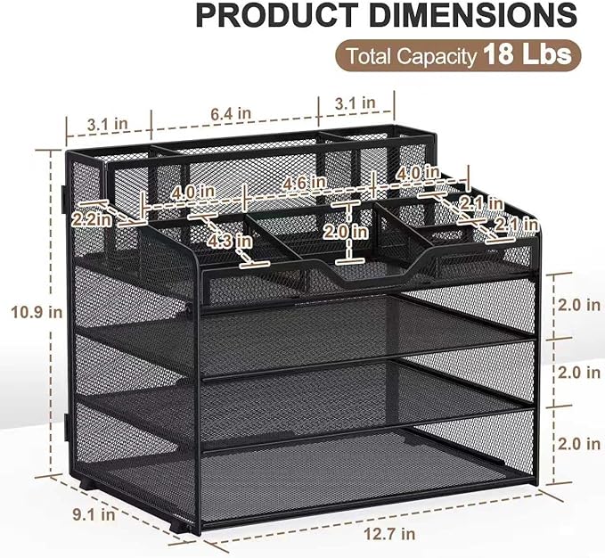 Docnest 4 Tier Mesh Desk Organizer, Multi-Functional Paper Letter Tray with 5 Adjustable Compartments & 3 Pen Holders - Space-Saving Desktop Storage for Office Files, Mail, Stationery - Black