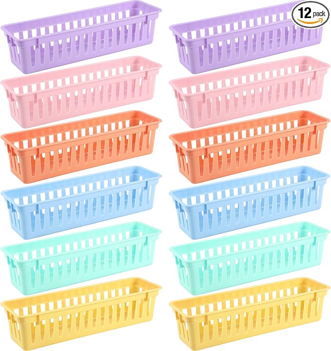 12 Pcs Morandi Slim Plastic Storage Baskets Tray 10 x 3 x 2.5 Inch Compact Stackable Desk Organizer for Office, Classroom, School Supplies, and Home Storage, Organization(Morandi)