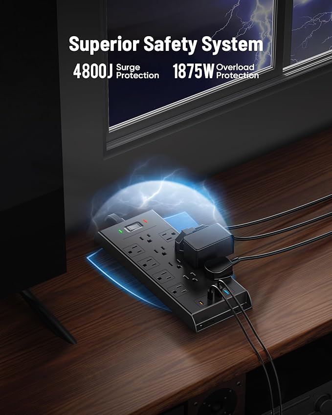 Surge Protector Power Strip 4800J, LeZone 15Ft Long Extension Cord Flat Plug, 12 Outlets 2 USB C 2 USB Ports, Wall Mountable, Desk Charging Station, Black