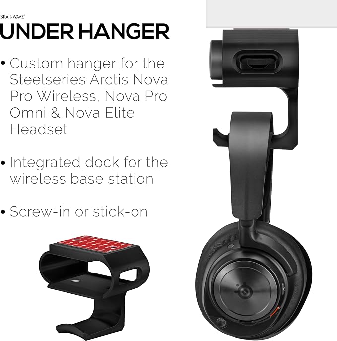 Under Desk Headphone Hanger Stand for Steelseries Arctis Nova Pro, Elite and Pro Omni Wireless Headsets with Dock for the Wireless Base Station by Brainwavz (HPS02)