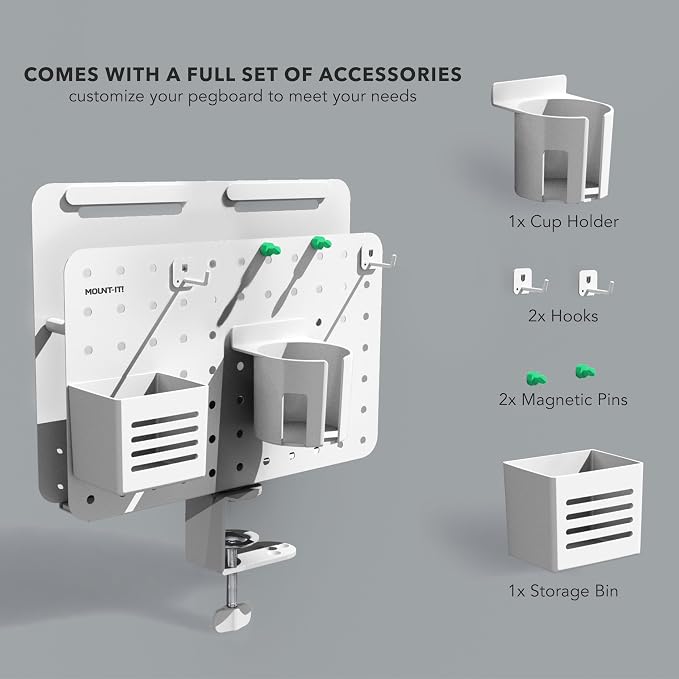 Mount-It! Desk Mounted Pegboard Organizer with 360° Rotation | Includes Cup Holder, Pen Holder, Hooks & Magnets | Clamp-on Desk Storage for Home Office, Workshop, Crafting Station (White)