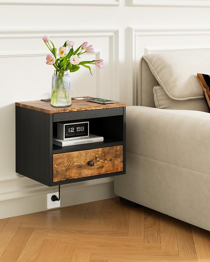 Floating Nightstand with Charging Station,Modern Bedside Table with Drawers and Extension Panel, Small Wall Mounted Nightstands for Bedroom Room，Floating Sofa Side Table（ Rustic Brown